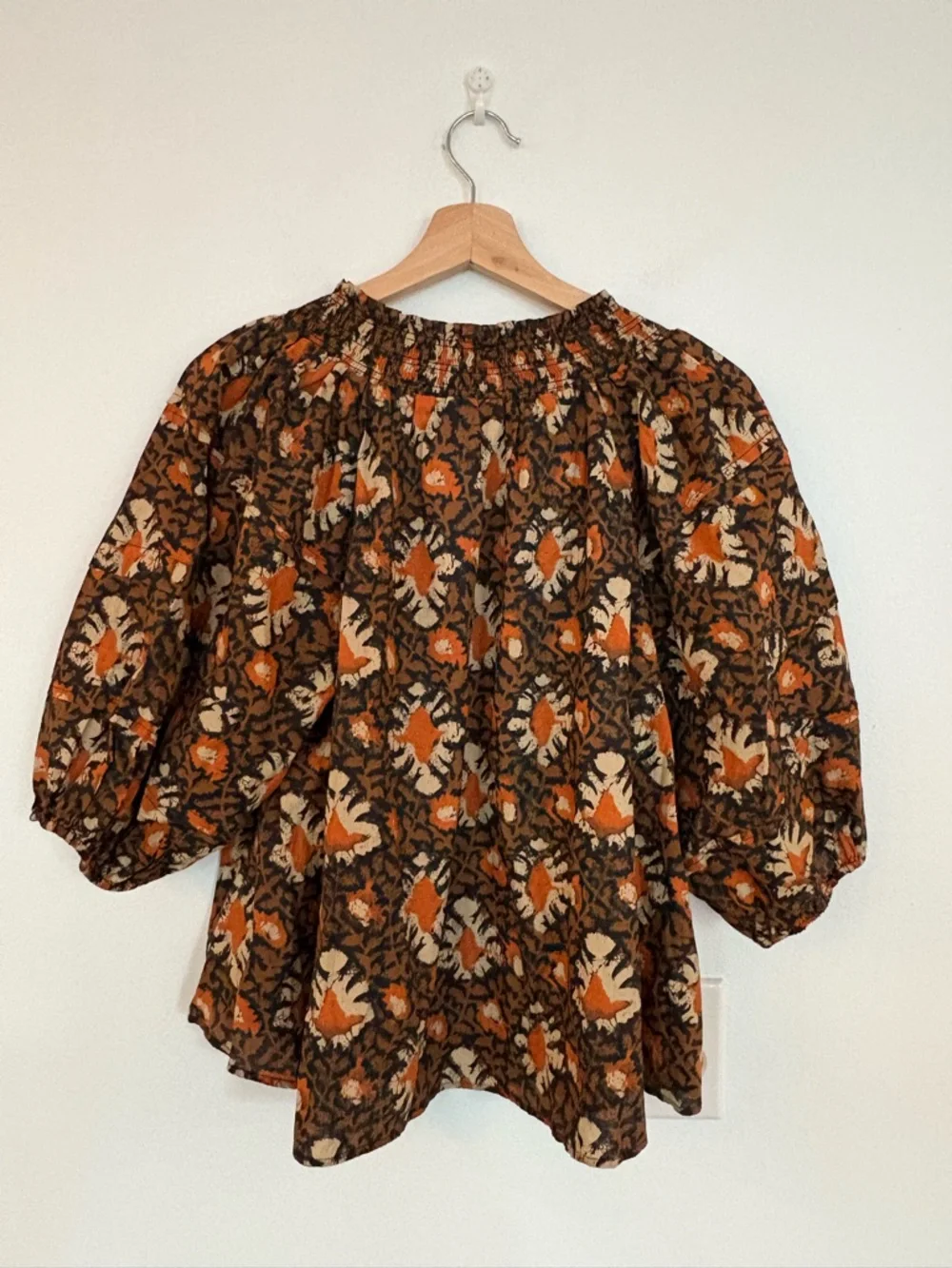 Free People || Willow Printed Top‎ Blouse Puff Sleeve Block Print Boho Brown S